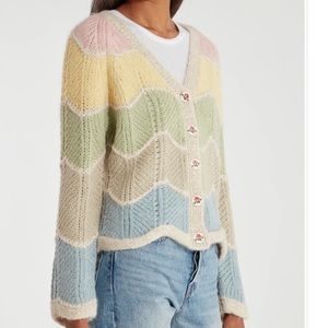LoveShackFancy Deena Alpaca Wool Rainbow Pastel Zig Zag Cardigan, Size Medium